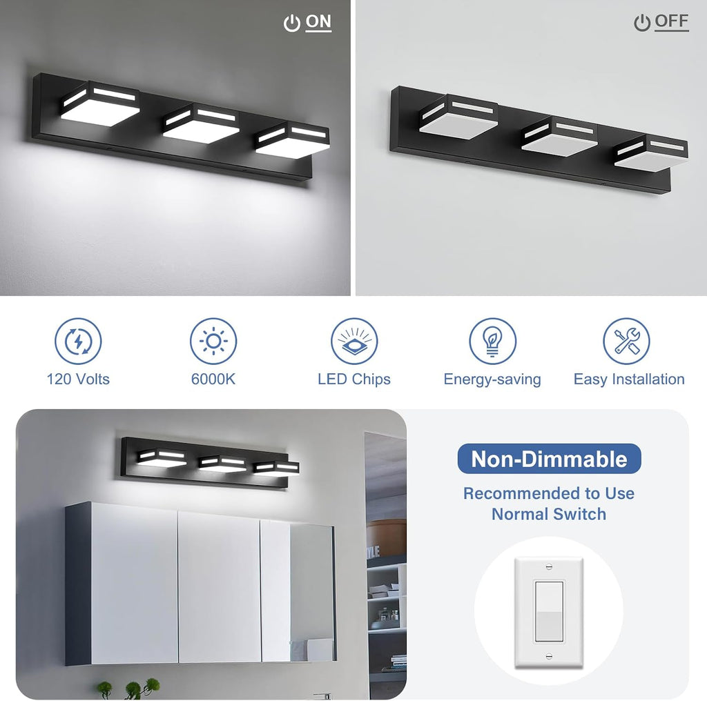 Matte Black 3‑Light LED Bathroom Vanity Light