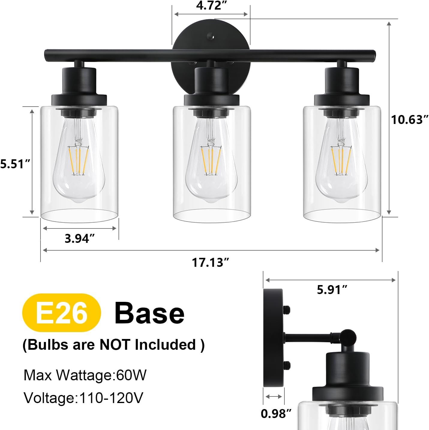 Modern Black 3‑Light Bathroom Vanity Wall Lamp