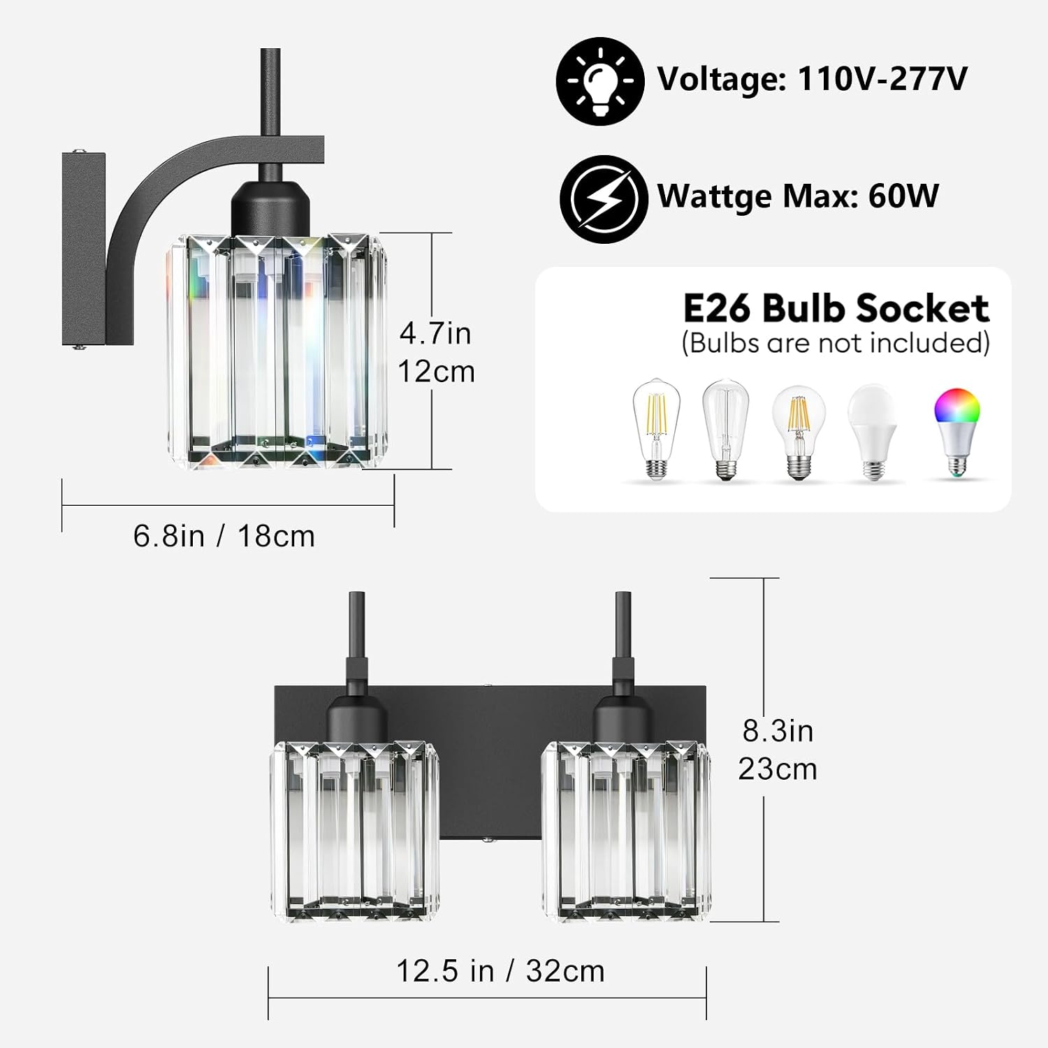 Crystal 2‑Light Black Bathroom Vanity Light Fixture
