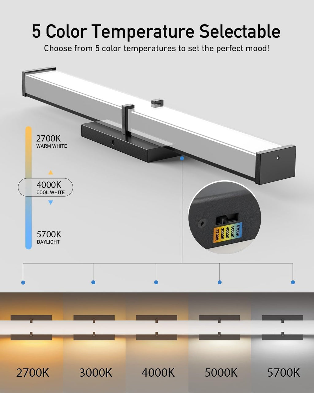 Dimmable LED Black Bathroom Vanity Light Bar