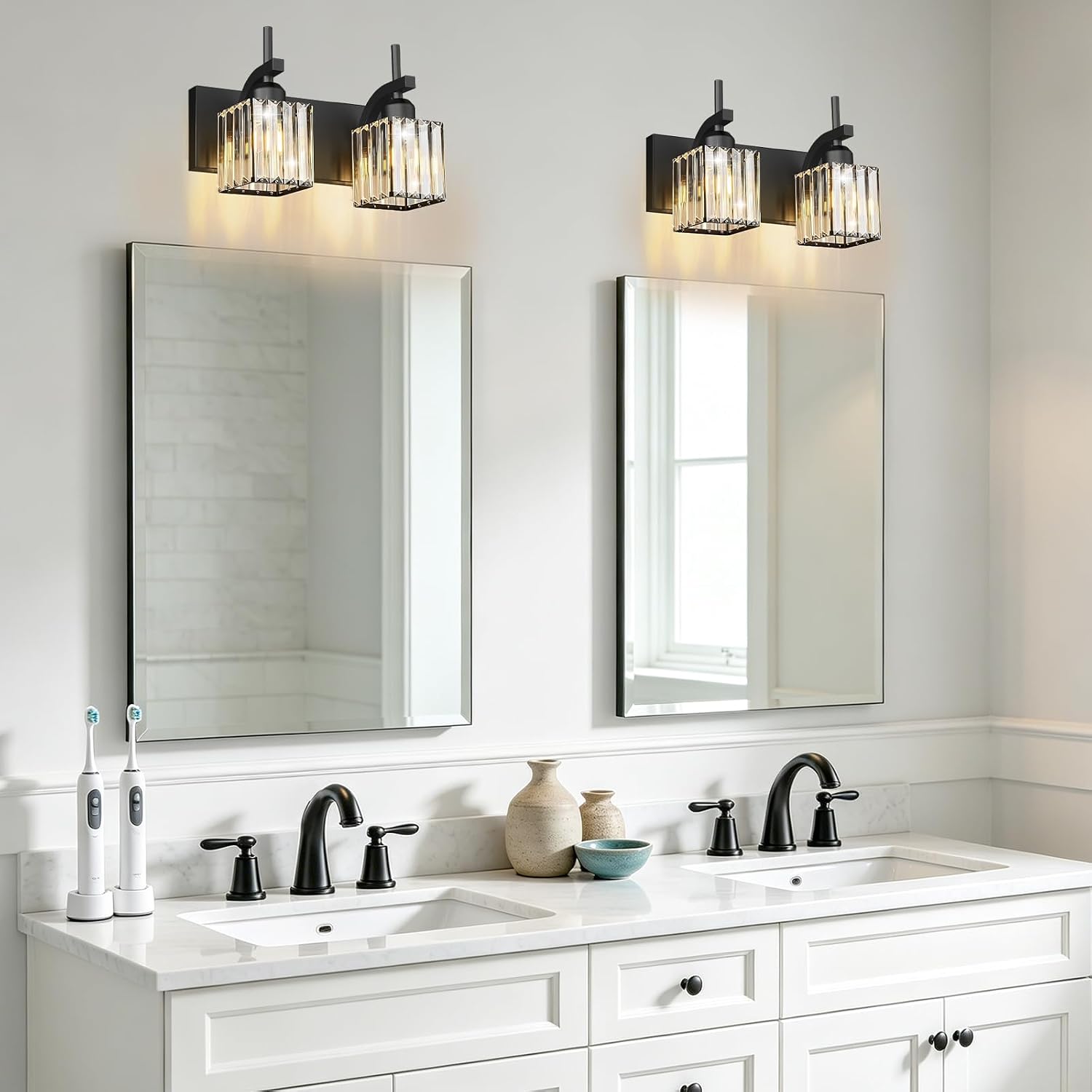 Crystal 2‑Light Black Bathroom Vanity Light Fixture