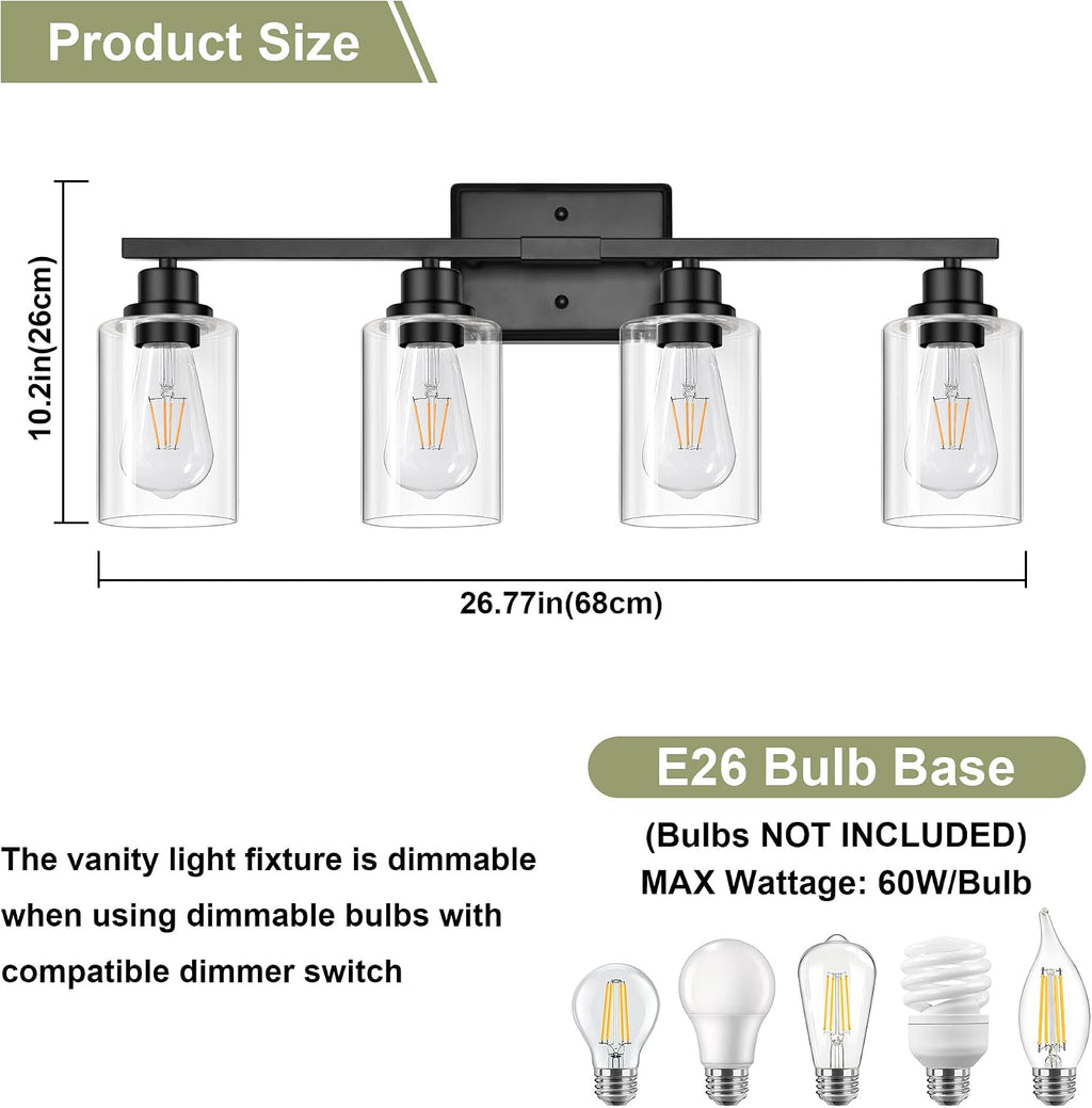 Black 4‑Light Bathroom Vanity Wall Light Fixtures