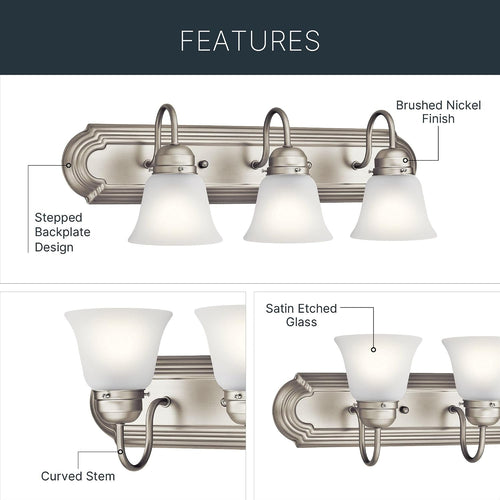 Brushed Nickel 3‑Light Bathroom Vanity Light Fixture